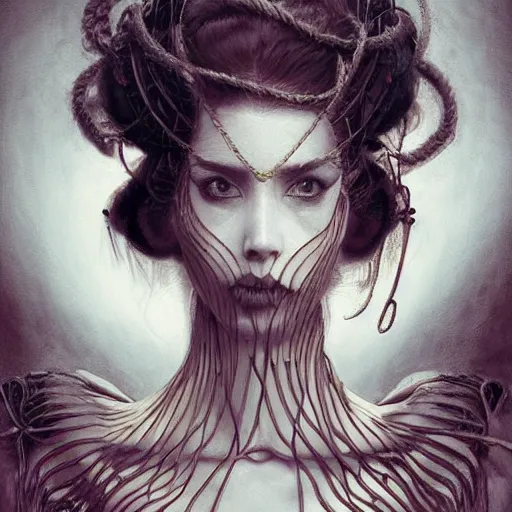 Image similar to portrait of a Shibari rope wrapped face and neck, headshot, insanely nice professional hair style, dramatic hair color, digital painting, of a old 13th century, traveler, amber jewels, baroque, ornate clothing, scifi, realistic, hyperdetailed, chiaroscuro, concept art, art by Franz Hals and Jon Foster and Ayami Kojima and Amano and Karol Bak,