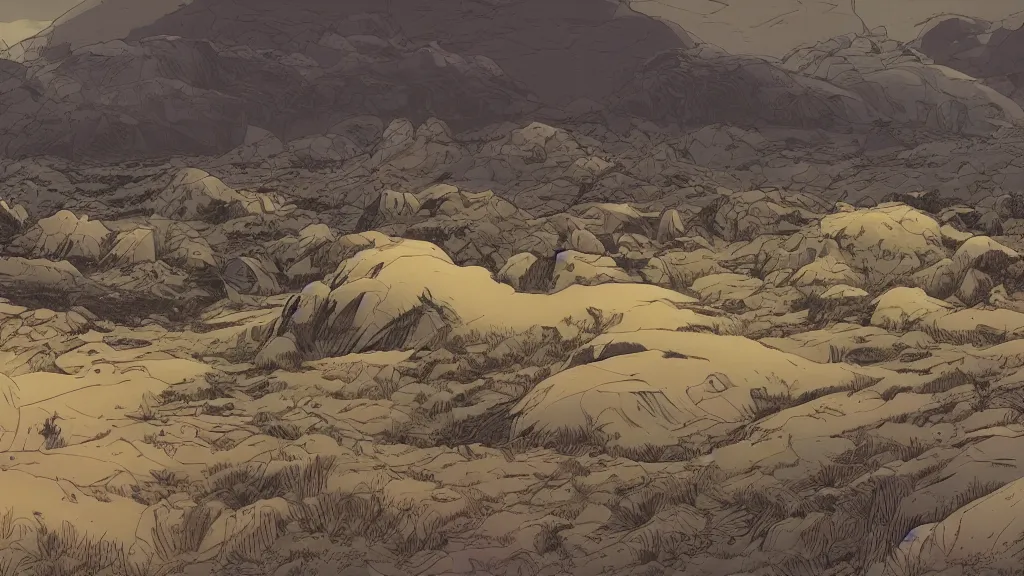 Image similar to very detailed, prophet graphic novel, ilya kuvshinov, mcbess, rutkowski, simon roy, illustration of a plateau with a bunker built into it, wide shot, colorful, deep shadows, astrophotography