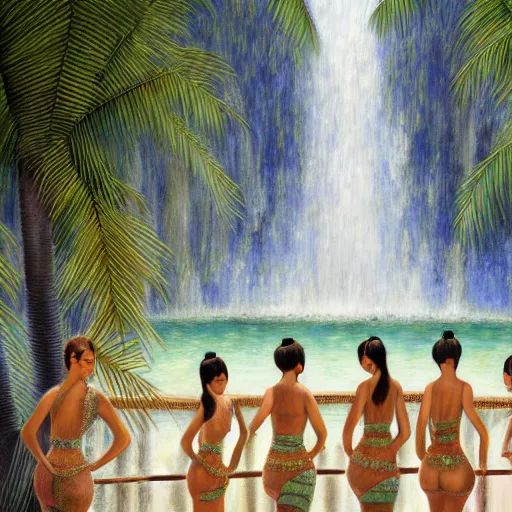 Image similar to a ultradetailed beautiful painting of the kardashians standing in front of the diamonds waterfall in the amazonas palace balustrade designed by jules bastien - lepage, tarsila do amaral, frank weston and gustave baumann, beach, trending on artstation, mediterranean, palm trees, sharp focus, soft light, 8 k 4 k