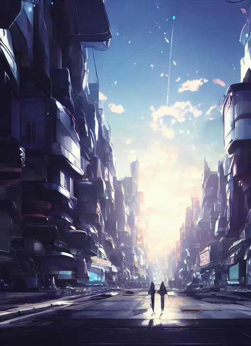 Image similar to alien invasion at a futuristic city street by makoto shinkai