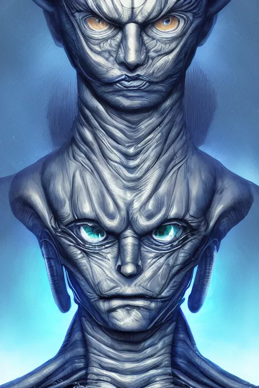 Image similar to portrait from a handsome blue masculine extraterrestrial alien, sci - fi art, akira toriyama hr giger, kuvshinov ilya, trending on artstation