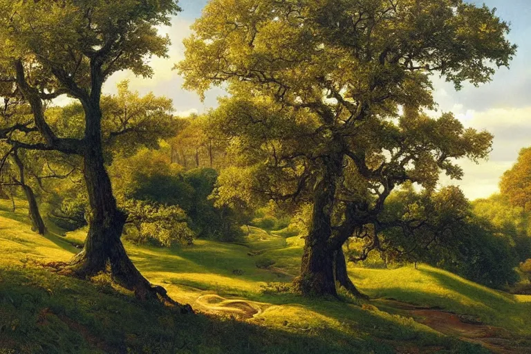 Image similar to masterpiece painting of oak trees on a hillside overlooking a creek, by james c. christensen