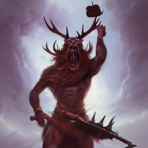 Prompt: hairy barbarian with moose head by azamat khairov and peter mohrbacher