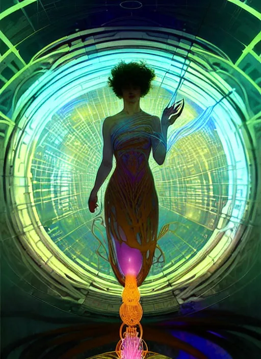 Image similar to high depth, inside fractals!! calm, healing, resting, life, hybrids, scifi, glowing lights!!, published concept art, mixed medias, image overlays, sharp focus, thin glowing wires, winning illustration, art by greg rutkowski and alphonse mucha, singularity!!!, 3 6 0 projection