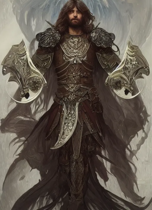 Image similar to Male Aasimar Paladin with shaggy silver hair, brown scruffy beard, energy wings, epic, striking, fantasy, intricate, elegant, highly detailed, digital painting, artstation, concept art, smooth, sharp focus, illustration, art by Krenz Cushart and Artem Demura and alphonse mucha