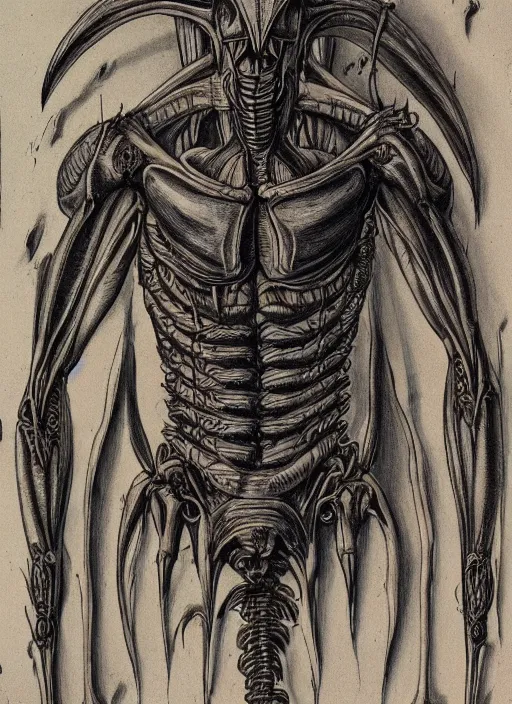 Image similar to full page scan of vintage anatomical drawing of Xenomorph, intricate details, faded colors, necronomicon style, illustration, intricate writing, symmetry, concept art