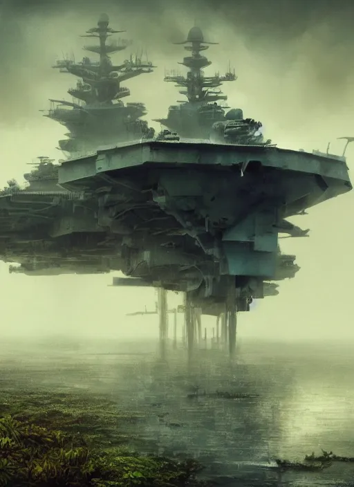 Prompt: rusty aircraft carrier, USS Nimitz, overgrown with vegetation laying on the ground of a tropical forest, post appocalyptic illustration by Luis Royo, by Greg Rutkowski, dark, gritty, intricate, cover illustration, concept art, volumetric lighting, volumetric atmosphere, sharp focus, octane render, trending on artstation, 8k