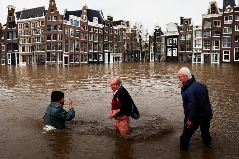 Image similar to Dutch people trying to fight back the flood in Amsterdam, photograph, natural light, sharp, detailed face, magazine, press, photo, Steve McCurry, David Lazar, Canon, Nikon, focus