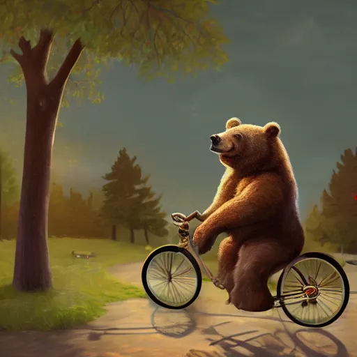 Prompt: a bear riding a bicycle and smoking cigars, digital art, artstation, 4 k