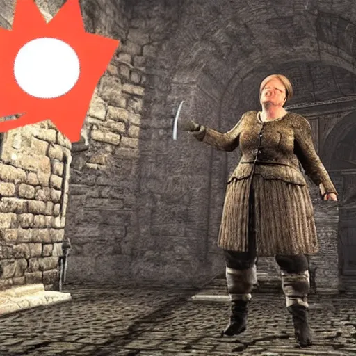 Image similar to Angela merkel praising the sun in Dark Souls, photo