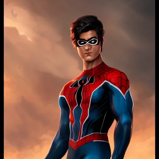 Prompt: characters portrait of Nightwing mixed with Spiderman by ArtGerm and Tom Bagshaw, merged character, 4k, highly detailed, cinematic lighting