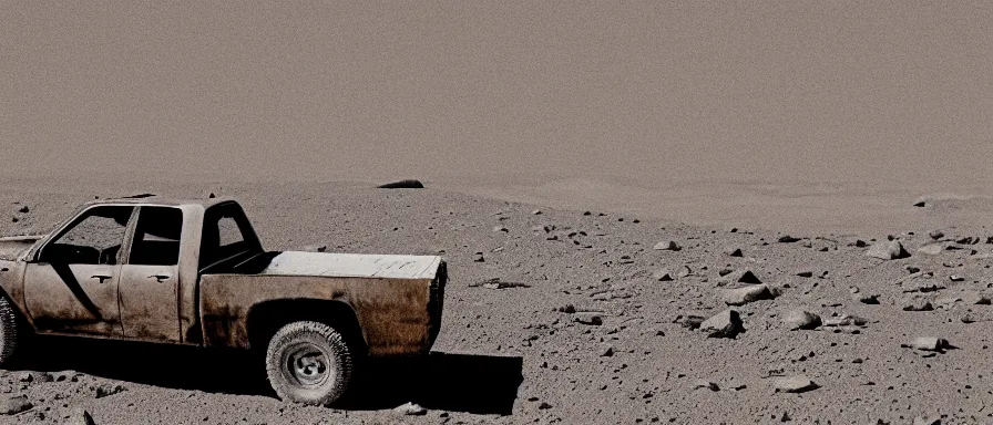 Prompt: a rusting el camino half buried in sand on the surface of mars, ancient discovery, cinematic photograph landscape, 7 5 mm canon mark 1, high contrast, moody, gritty, ambient