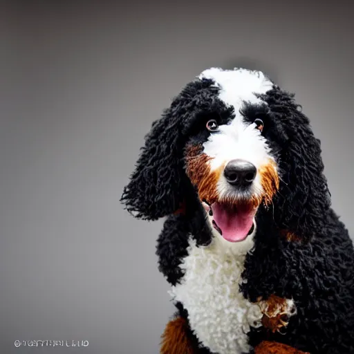 Image similar to a closeup photorealistic photograph of a cute smiling knitted bernedoodle judge dog dressed in a black gown, presiding over the courthouse. indoor image, professional capture, well lit shot. this 4 k hd image is trending on artstation, featured on behance, well - rendered, extra crisp, features intricate detail, epic composition and the style of unreal engine.