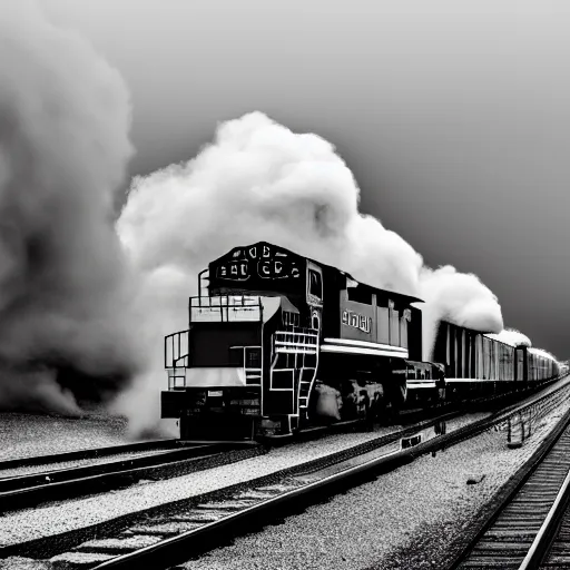 Image similar to a hyperdetailed black and white photograph of the union pacific big boy on the rails producing lots of black smoke in an old timey city, night, dense fog, rain, hd, 8 k, cinematic, volumetric lighting