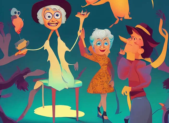 Prompt: pixar cartoon character of bea arthur being happy with her friends from the golden girls. style by petros afshar, christopher balaskas, goro fujita, and rolf armstrong.