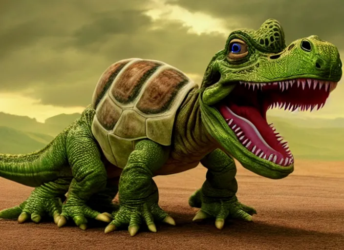 Image similar to film still of yoshi in the new sci - fi movie, upright dinosaur with a small turtle shell and long tongue, 8 k