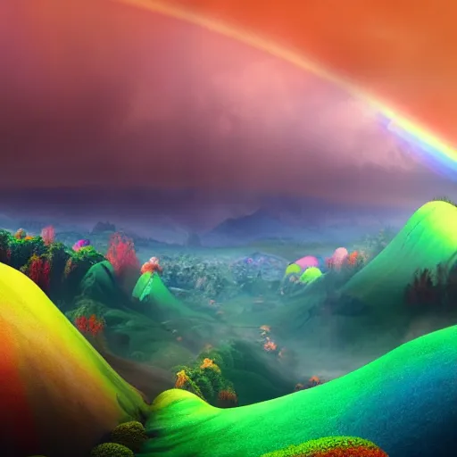 Prompt: beautiful rainbow mountains, mist and mushrooms, fantasy landscape, trending on artstation, 8k