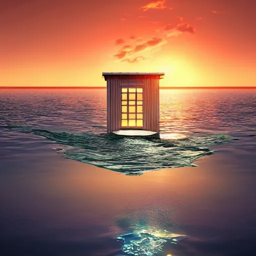 Image similar to a bathroom stall floating in the middle of the ocean, sunset, beautiful, ultra realistic digital art, 4k, cgsociety, HDR, Intricate