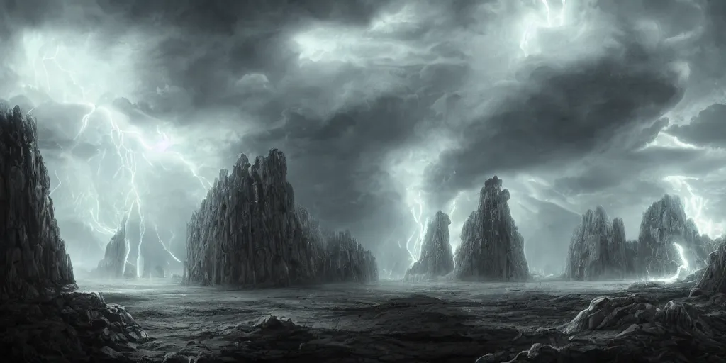 Prompt: a highly detailed matte painting of a fantastical underground world with plasma lightning and clouds around colossal stone columns stretching from the ceiling to the sea, ominous, foreboding, moody, hyperdetailed, 8 k hd, concept art, artstation, deviantart, cg society,