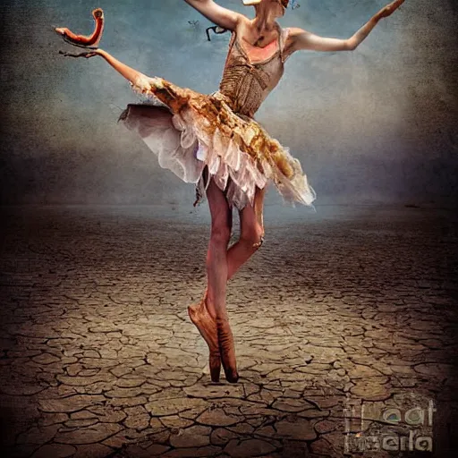 Prompt: burning man ballerina, digital art, post apocalyptic, fantasy, calligraphy