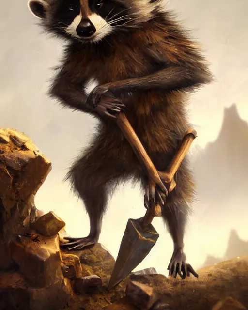 Image similar to oil painting of poor anthropomorphized raccoon miner mining gold, pickaxe, close shot, full body, dark steampunk mine shaft background, sharp focus, fantasy style, octane render, volumetric lighting, 8k high definition, by greg rutkowski, highly detailed, trending on art Station, dungeons and dragons artwork, centered