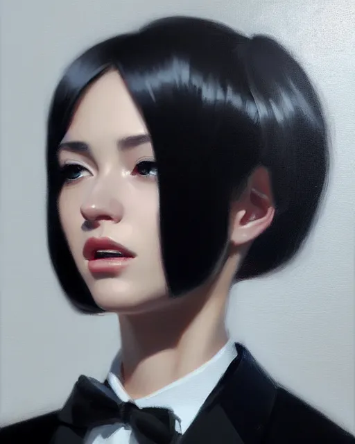 Image similar to a ultradetailed beautiful portrait panting of a stylish woman wearing a black tuxedo, oil painting, by ilya kuvshinov, greg rutkowski and makoto shinkai, trending on artstation