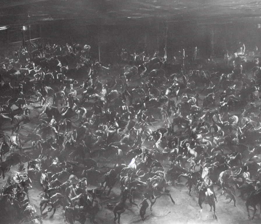 Prompt: photo of a secret horse fighting ring run by the mob in a dark basement