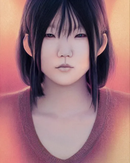 Image similar to touka a japanese woman, half body portrait, long black hair, smiling, female beauty, symmetrical face hyperrealism, backlit, pastel color gradients, by keathe butcher and joe fenton and greg rutkowski, soft lighting, soft shapes, gentle curves, sharp details