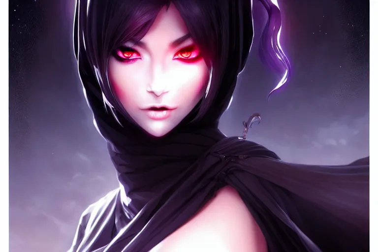 Image similar to veiled black dressed summoner girl and her ego weapons fighting against the outer gods. desert valleys, box office hit, fantasy and cosmic horror movie, unreal engine, intricate, highly detailed 8 k, ambient occlusion, extremely beautiful and aesthetic shape of face and body, art by hiroaki samura and ilya kuvshinov and rossdraws