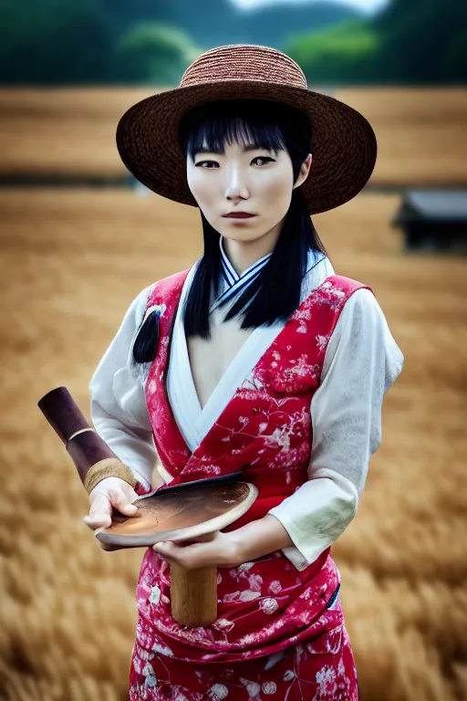 Prompt: japanesse farmer, cinematic view, bokeh, extreme detailed, vogue photo style, proffesional photographer style, proportional, dynamic composition, face features, comfort posse, smooth, sharp focus, body features, ultra realistic, award winning photo, captured by nikon d 8 5 0, 4 5. 7 mp lens, 4 k, full body.