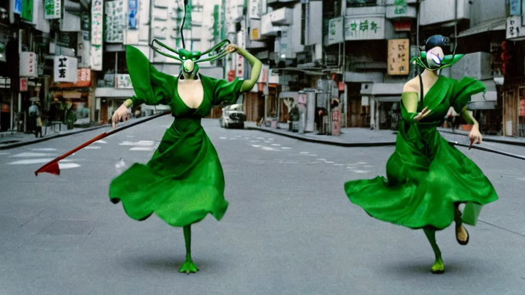 Image similar to a woman wearing a green dress and a praying mantis mask flying in the air in the streets of Tokyo with two swords, anime film still from the an anime directed by Katsuhiro Otomo with art direction by Salvador Dalí, wide lens