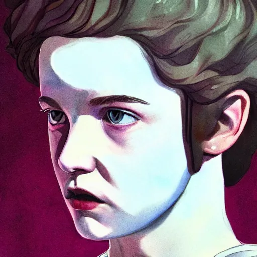 Prompt: beautiful side portrait of Eleven from Stranger things in a scenic!!! Environment by martine johanna, artstation winner,lines ,figurativism!, portrait,