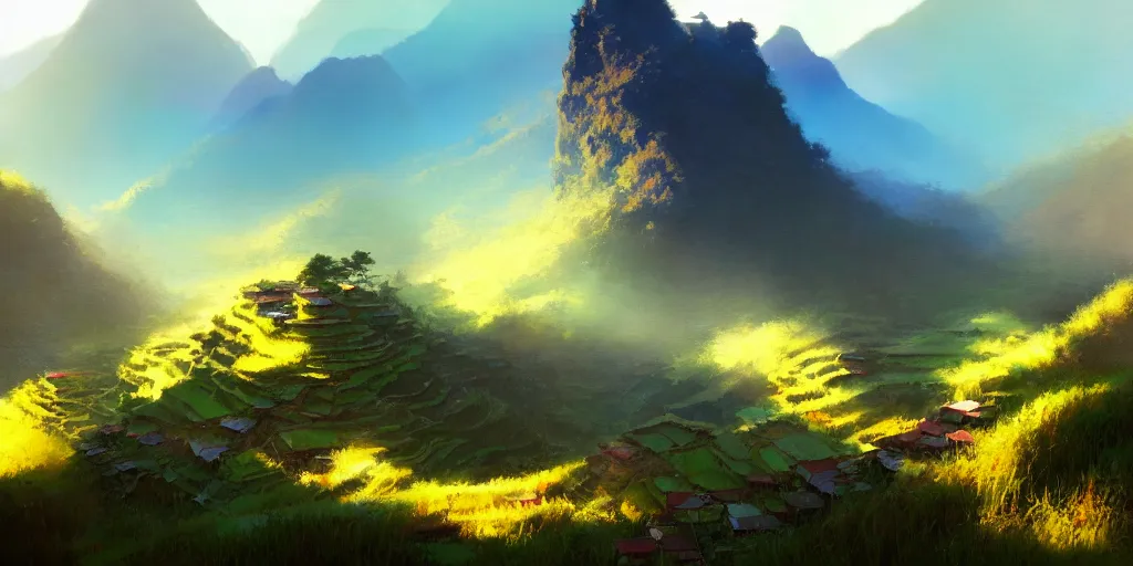 Prompt: artstation scene, banaue rice terraces, bright blue sky, light bloom, atmospheric, dynamic ultra wide shot, cinematic composition, misty painterly anime style concept art, by craig mullins and jeremy mann