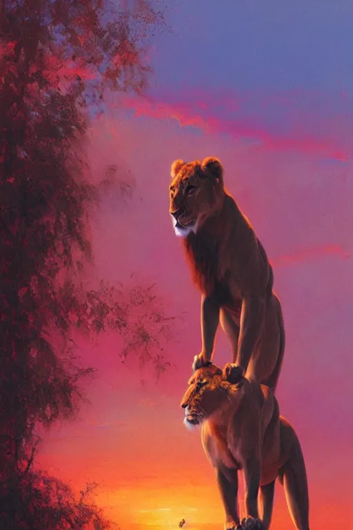 Prompt: spiritual twin flame lioness hunting art, pink sunset hue, highly detailed, oil painting hue, by craig mullins