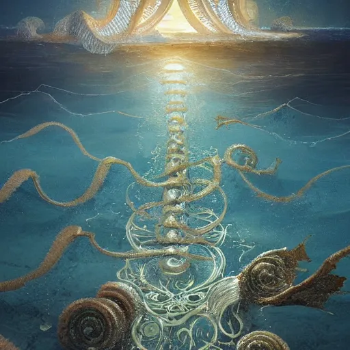 Image similar to decorative ornamental shrine of holy god of the sea, acanthus scroll, ceremonial clouds, dripping paint, fibonacci rhythm, kelp, barnacle, artstation, art germ, wlop, karol bak, christopher balaskas