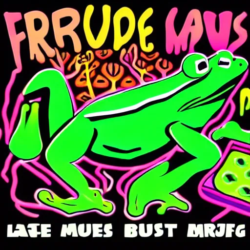 Image similar to frog rave poster, large bullfrog DJ, lots of frogs dancing on drugs, psychedelic, bright lights, loud music, intense club, cartoon, no text