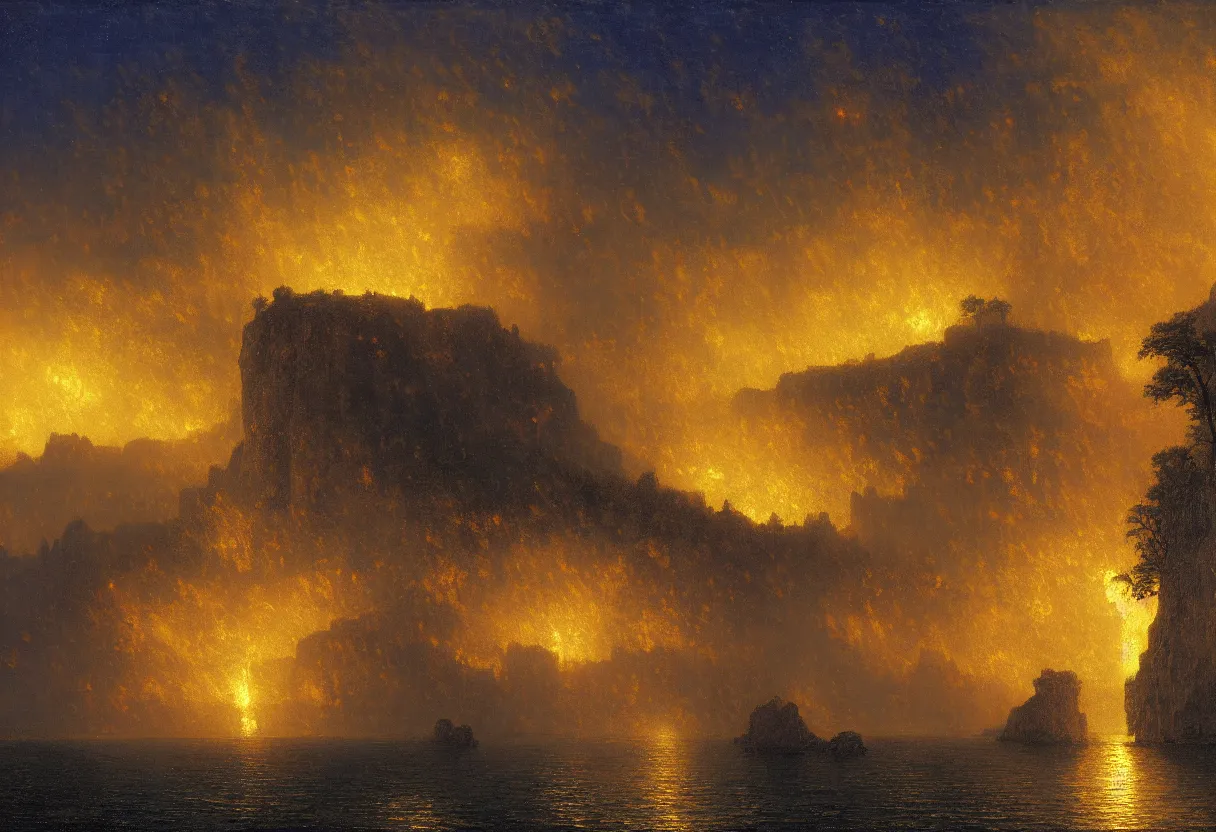 Image similar to a beautiful ultradetailed painting of a single gilded cathedral at the edge of a cliff next to a deep blue sea illuminated by orange fireflies, albert bierstadt, makoto shinkai, 8 k, light effects, trending on artstation