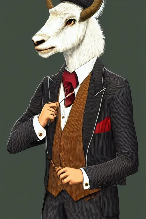 Image similar to beautiful portrait commission of a male furry anthro mountain goat wearing a pinstripe suit and waistcoat, smoking a cigar, hooves!, award-winning character art, detailed, trending on artstation