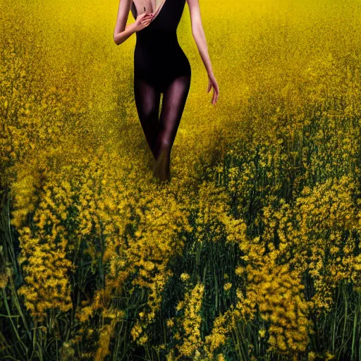 Prompt: hyper realistic photo human body made of golden wild flowers