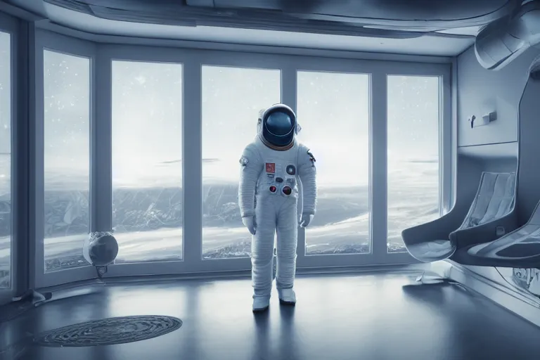 Image similar to photo realistic octane render of a living room in a space station with a sad astronaut looking out the window at earth
