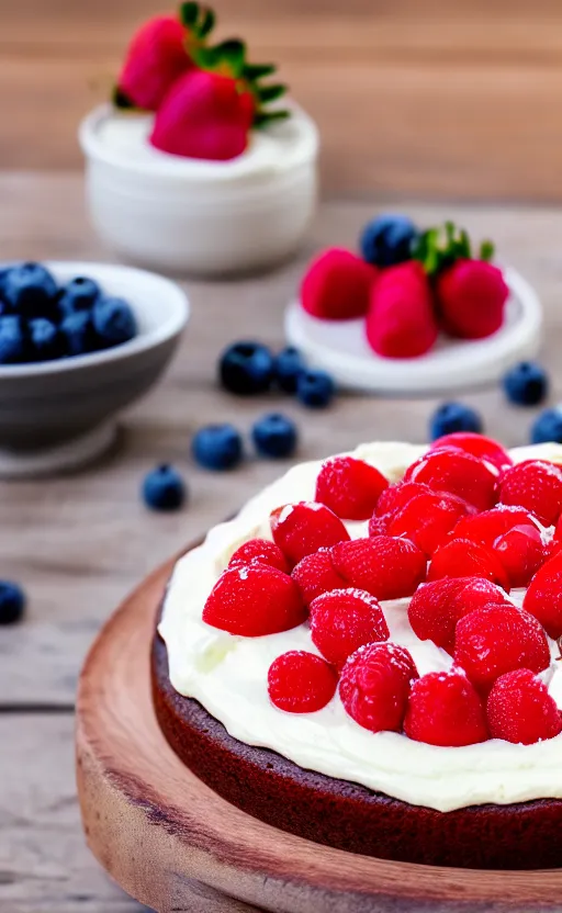 Image similar to A photo of a swedish cake from the side on a wooden table, with cream spread on the sides and strawberries, raspberries and blueberries placed in circles on top. Sunset. 4K. Cinematic lighting. High detail. Realistic. Delicious.