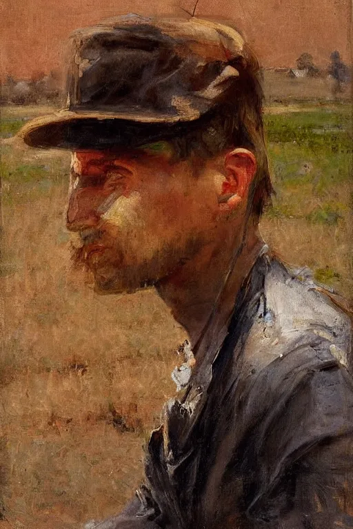 Image similar to Solomon Joseph Solomon and Richard Schmid and Jeremy Lipking victorian genre painting full length portrait painting of a young farmer working in the field, red background