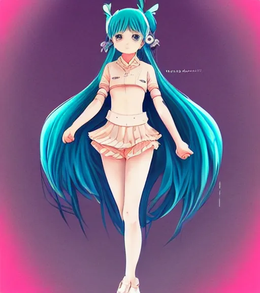 Prompt: Anime art of beautiful Hatsune miku with beautiful legs by artgerm, rossdraws, magali villeneuve, Gil Elvgren, Alberto Vargas, Earl Moran, Art Frahm, Enoch Bolles, symmetrical shoulders, very detailed anime face by ilya kuvshinov, blue eyes, tiny cute nose