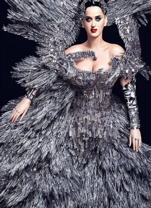 Image similar to katy perry styled by nick knight posing, full body shot, intricate headpiece, vogue magazine, canon, highly realistic. high resolution. highly detailed. dramatic. 8 k. 4 k.