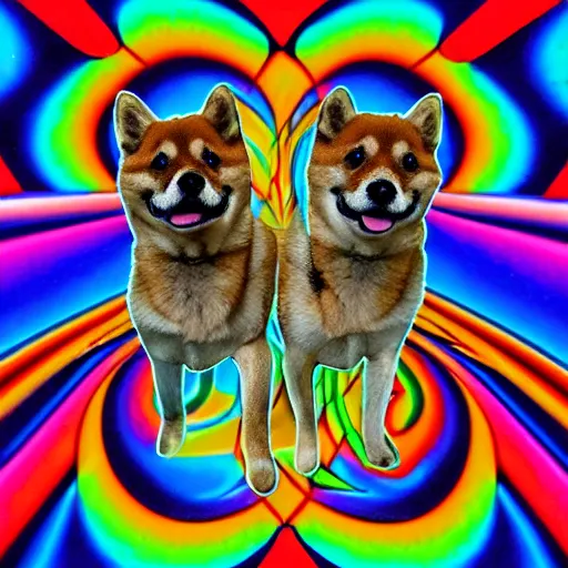 Image similar to two shiba inu in the psychedelic baroque dmt fourth dimensional tunnel