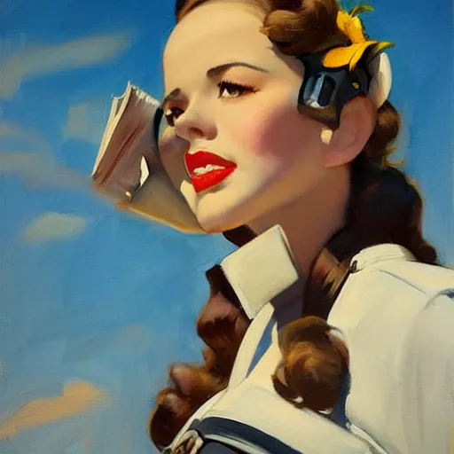 Image similar to greg manchess portrait painting of a beautiful waitress 1 9 4 0's pinup as overwatch's characters, medium shot, asymmetrical, profile picture, organic painting, sunny day, matte painting, bold shapes, hard edges, street art, trending on artstation, by huang guangjian and gil elvgren and sachin teng