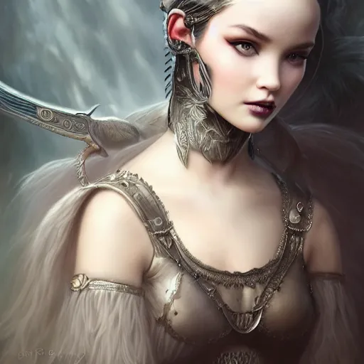 Image similar to tom bagshaw, very beautiful genetic mix of dove cameron madison beer bella poarch in a gorgeous dark fantasy warrior armor, ornaments, gothic makeup, professionally retouched, focus eyes, ultra realistic soft painting, insanely detailed linework, partial symmetrical accurate intricate features, behance artstation, 8 k