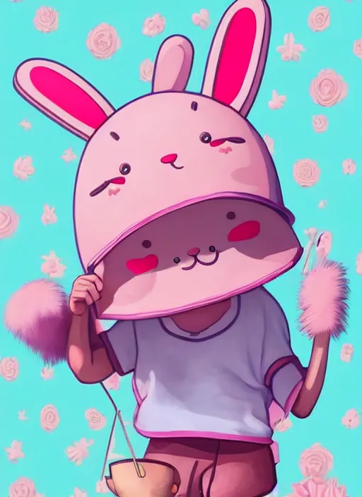 Image similar to amazingly detailed semirealism, anthropomorphic pink rabbit character wearing a bucket hat. Cute, kawaii, Cooky, bt21, Sanrio inspired. Beautiful artwork, Rabbt_character, rabbit_bunny, 獣, iconic character splash art, Detailed fur, detailed textures, 4K high resolution quality artstyle professional artists WLOP, Aztodio, Taejune Kim, Guweiz, Pixiv, Instagram, dribbble, ArtstationHD