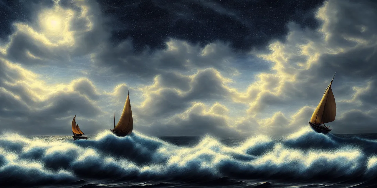 Image similar to A real photographic landscape painting with incomparable reality,Super wide,Ominous sky,Sailing boat,Wooden boat,Lotus,Huge waves,Starry night,Harry potter,Volumetric lighting,Clearing,Realistic,James gurney,artstation,8K
