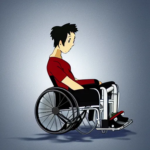 Prompt: a wholesome animation key shot of a handsome a wheelchair guy fitness posing, studio ghibli, pixar and disney animation, sharp, dramatic lighting